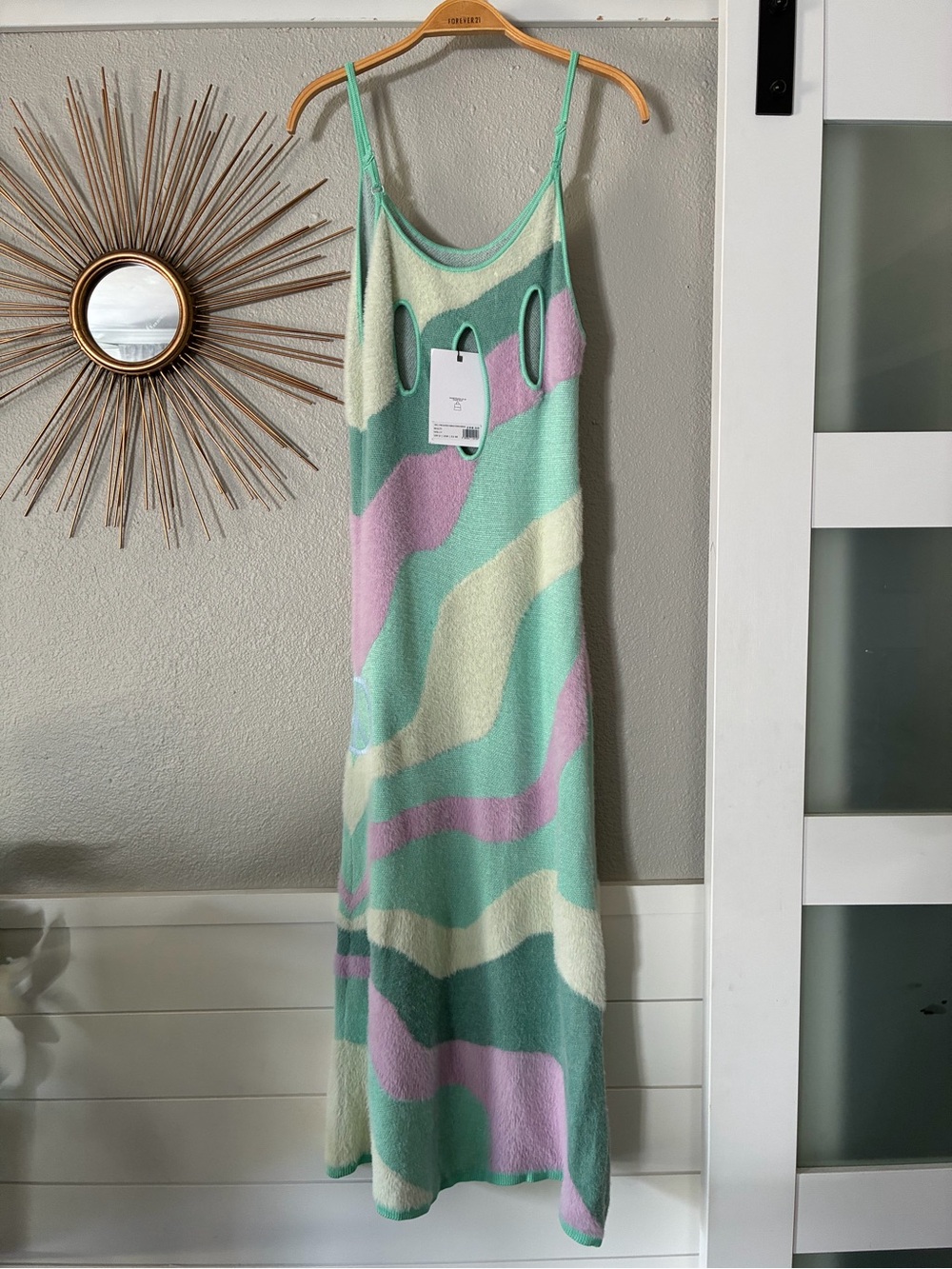 House of Sunny Mint Green, Lavender & Cream Wave Knit Slip Dress